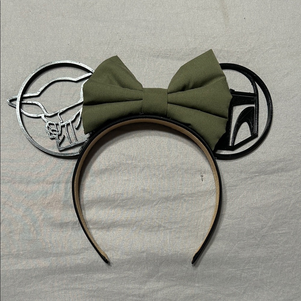 Custom 3D printed Yoda/Star Wars Mickey ears with Green Bow Headband